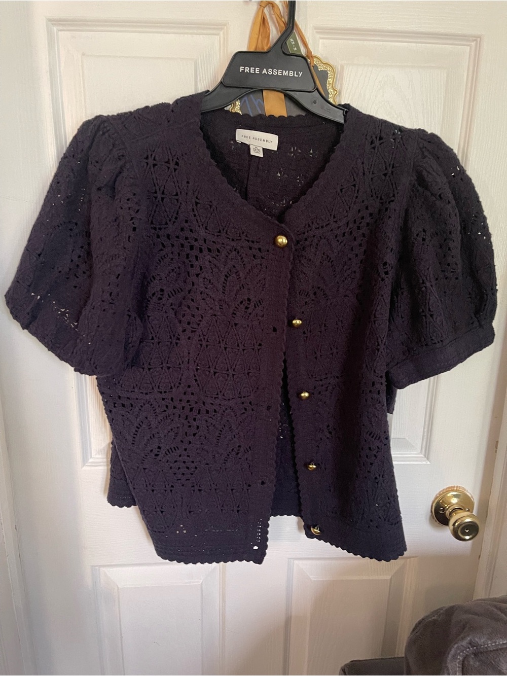 Black Crochet Short-Sleeve Cardigan Sweater
